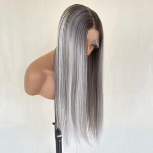 Grey 25 inch Synthetic Wig with black roots